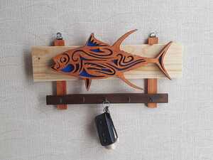 青い魚壁掛けキーフック(木工アート)