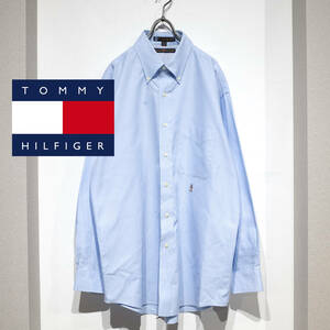 XL相当 / 90’S TOMMY HILFIGER トミー・ヒルフィガー オックスフォード BDシャツ サックス ブルー 刺繍 胸ポケット 16.5 32 33 美品