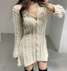 a1020　　ワンピース　レディース　●　20代30代40代　　　　dress　女性　　長袖　　ニット素材　　アイボリー