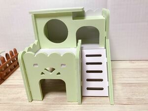 ハムスター鳥ペットラットマウス小動物用2階ハウス可愛い家階段巣箱木箱玩具ハーモニーおもちゃハビんグ遊具-3色(グリーン)