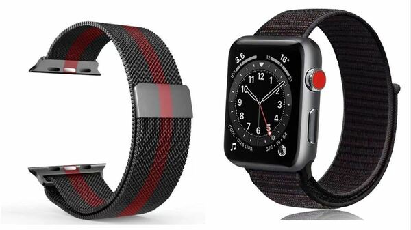 Apple Watch バンド　ステンレス金属ベルト　38/40mm 黒赤 ナイロンバンド　2本セット　セール大特価