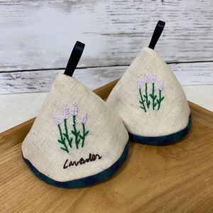 三角鍋つかみ ミトン 2個セット 刺繍 ラベンダー