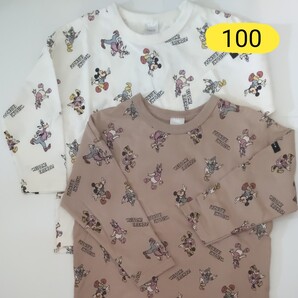 フタフタ レトロミッキー 総柄 バースデイ ロンT トップス 100 長袖 Tシャツ