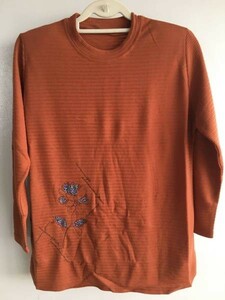 29L238カットソー・長袖Tシャツ【Mediad】茶系ボーダーゆったりサイズ花柄ロゴ肩パット入