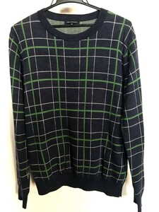 03M4795【URBAN RESEACH】アーバンリサーチ/紺ネイビー系/チェック柄/長袖/ニット/クルーネック/リブ/ストレッチ素材/サイズ38