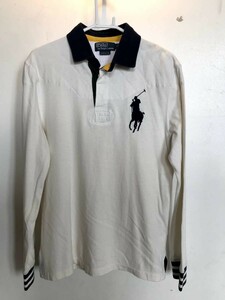 03M4931【POLO by Ralph Lauren】ポロ ラルフローレン/白ホワイト系長袖/ポロシャツ/リブ/ロゴ刺/ラガーシャツ/肩部分キルティング/M