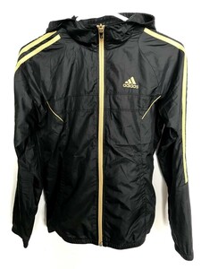 02M4657【adidas】アディダス/CLIMA PROOF/スポーツウエア/ジャンパー/フード付き/黒ブラック系/ゴールドライン/ジップアップ/S