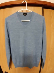 03M5426/ユニクロ/UNIQLO/S/ブルー系/長袖ニット/Vネック/WOOL・毛100％/リブ/メンズ＆レディース兼用可