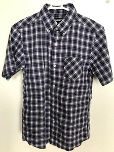 03M4887【DEPT】デプト/チェック柄/半袖/シャツ/水色紫系ボタンダウン/ポケット付き/スカル柄刺入り/S