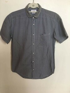 30M2623半袖シャツ【ZARA MEN】SLIM FIT/異素材MIX/クレイジーパターン/チェック柄/デザインシャツ/紺白グレー/サイズ36