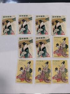 B152☆10円切手　切手趣味週間　1958年　1959年　雨中湯帰り　浮世源氏　総額面1000円