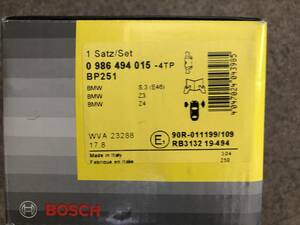 【処分品】BOSCH／ボッシュ ブレーキパッド フロント BMW 3シリーズ E46 Z3 Z4 0986494015