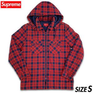 国内正規品■Supreme(シュプリーム) 14AW Quilted Zip Flannel Shirt 中綿キルティング 長袖 ネルシャツ パーカー チェック柄 赤紺S