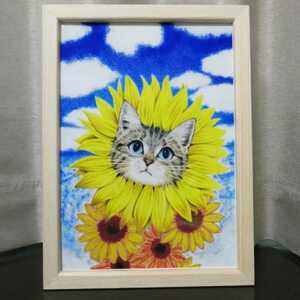 B5 手描きイラストプリント 絵 キジ猫 ねこ ネコ ひまわり 向日葵 青空 動物 癒し 可愛い 