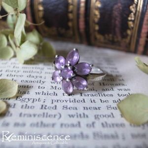 【パープルの小花を指に咲かせて】ヴィンテージ イギリス シルバー リング 指輪 アメジストグラス◆◆Vintage Amethyst Glass Silver Ring