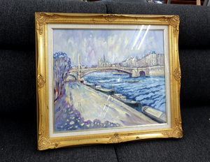 額装 岸本喬夫画「ノートルダムを望む」パリ Ｆ10 油彩画 真作 札幌市