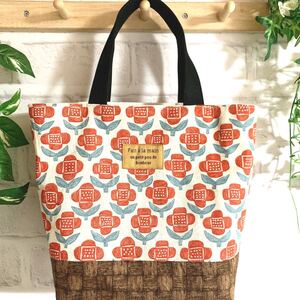 ハンドメイド ミニトートバッグ オフホワイト&赤いお花 花柄 北欧風 トートバッグ サブバッグ