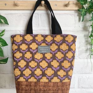 ハンドメイド ミニトートバッグ ブラウン&黄色いお花 花柄 北欧風 トートバッグ サブバッグ