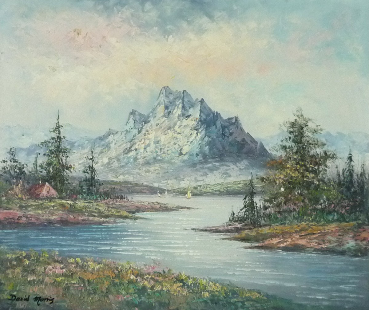 ヨーロッパ絵画 肉筆油絵 F20号 デビッド･モリス作 ｢山と湖｣, 絵画, 油彩, 自然, 風景画