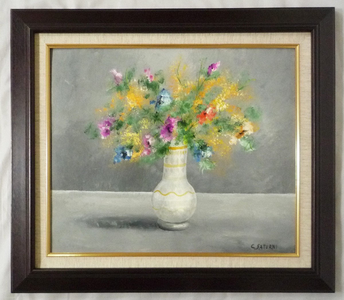 ヨーロッパ絵画 肉筆油絵 F8号 サツルニ作｢花瓶の花｣1+新品額縁付, 絵画, 油彩, 静物画