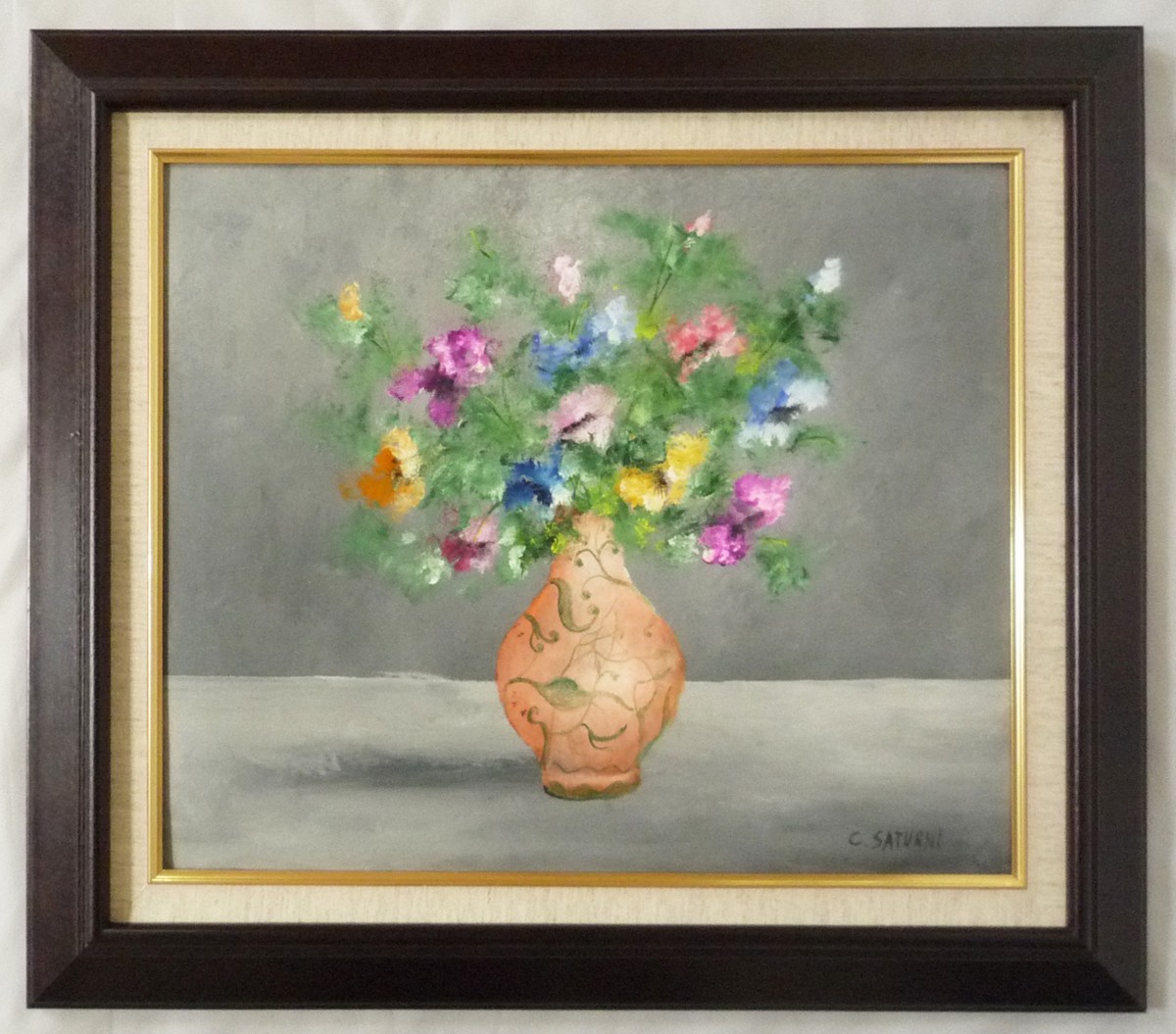 ヨーロッパ絵画 肉筆油絵 F8号 サツルニ作｢花瓶の花｣2+新品額縁付, 絵画, 油彩, 静物画