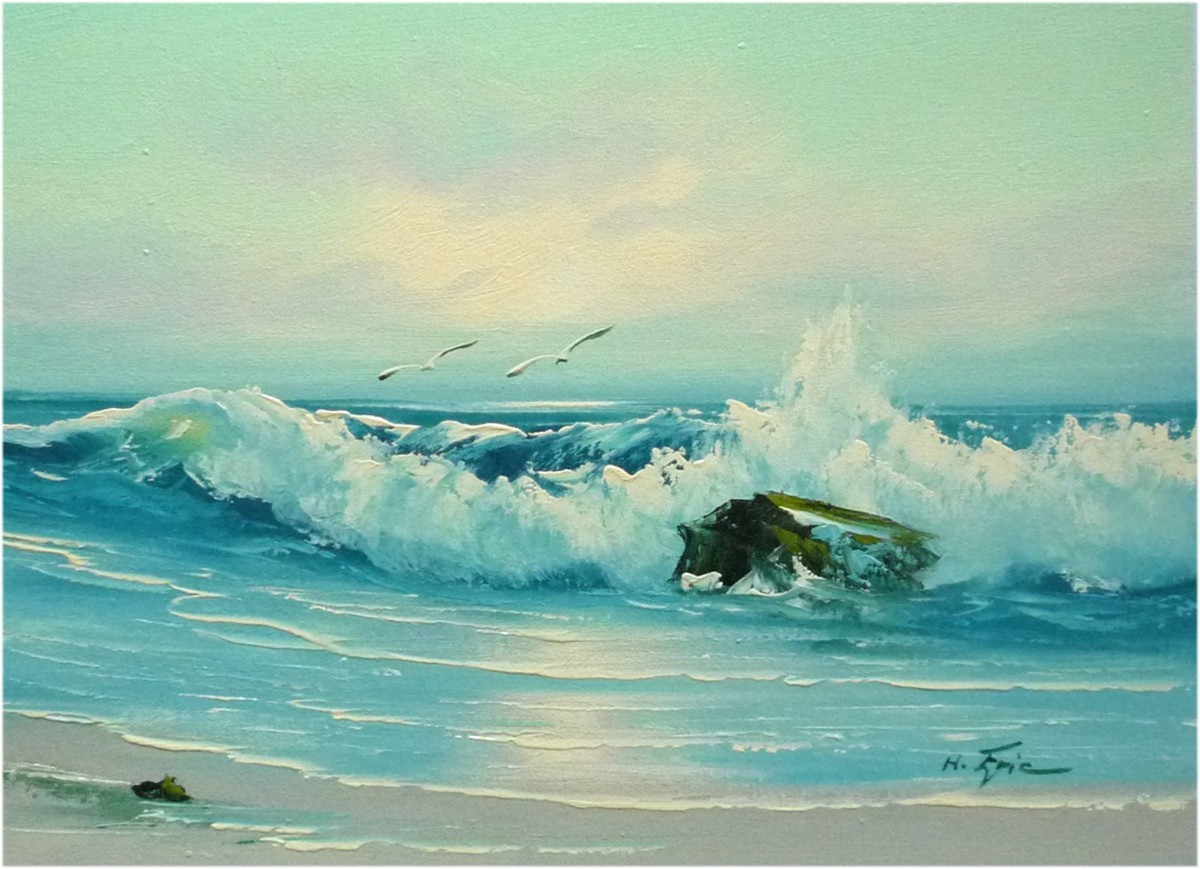 油彩画 洋画 肉筆油絵 F4号 ｢波 海 海景画｣-117- 特価, 絵画, 油彩, 自然, 風景画