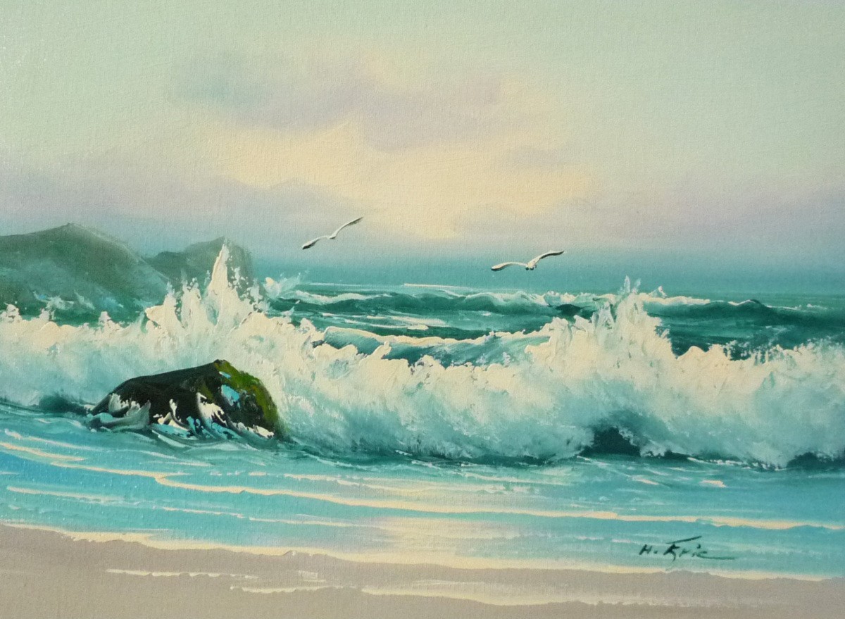 油彩画 洋画 肉筆油絵 F4号 ｢波 海 海景画｣-13- 特価, 絵画, 油彩, 自然, 風景画