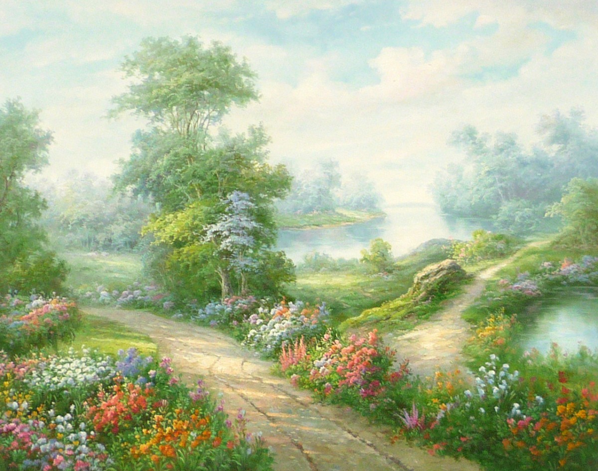 Oil painting, Western-style painting, hand-painted painting (delivery available with oil painting frame) F20 size American Garden 5, Painting, Oil painting, Nature, Landscape painting