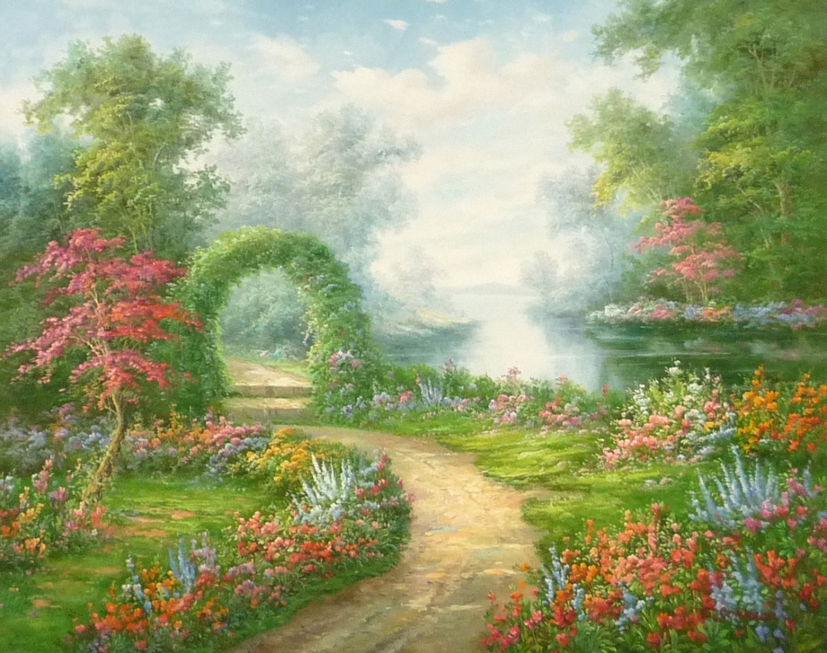 Oil painting, Western painting, hand-painted painting (can be delivered with oil painting frame) F20 size American Garden 2, painting, oil painting, Nature, Landscape painting