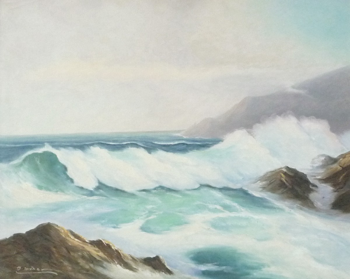 ヨーロッパ絵画 肉筆油絵 F20号 フューバー作 ｢波 海 海景｣ 2, 絵画, 油彩, 自然, 風景画