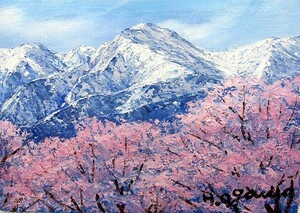 油彩画 洋画 肉筆絵画 ( 油絵額縁付きで納品対応可 ) WF6サイズ 「常念岳に桜」 小川 久雄 絵画,油彩,自然、風景画