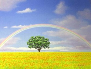 油彩画 洋画 肉筆絵画 ( 油絵額縁付きで納品対応可 ) P12号サイズ 「虹のある風景2」 白鳥あゆみ 絵画,油彩,自然、風景画