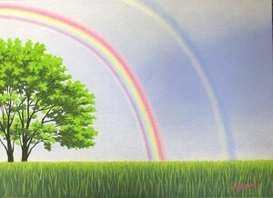 油彩画 洋画 肉筆絵画 ( 油絵額縁付きで納品対応可 ) P15号サイズ 「虹のある風景1」 白鳥あゆみ 絵画,油彩,自然、風景画