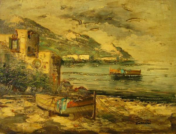 ヨーロッパ絵画 肉筆油絵 (額縁付きで納品対応可) サイズF6号 コルシニ作 ｢ナポリの港｣, 絵画, 油彩, 自然, 風景画