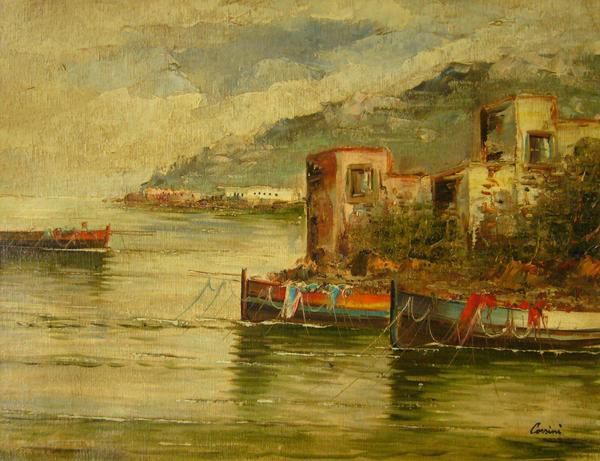 欧洲绘画手绘油画(可带框交付)尺寸 F6 那不勒斯港 by Corsini, 绘画, 油画, 自然, 山水画