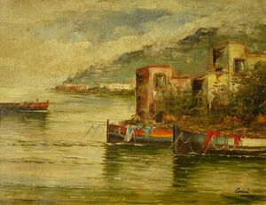 ヨーロッパ絵画 肉筆油絵 (額縁付きで納品対応可) サイズF6号 コルシニ作 「ナポリの港」