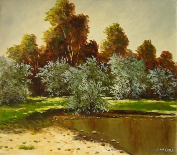 Peinture européenne, peinture à l'huile (peut être livrée avec cadre) Format F10 By the Pond de Sartori, Peinture, Peinture à l'huile, Nature, Peinture de paysage