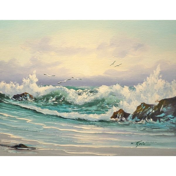 油彩画 洋画 肉筆油絵 F6号 ｢波 海 海景画｣-199-特価-, 絵画, 油彩, 自然, 風景画