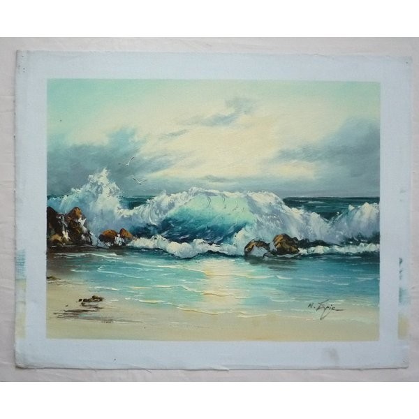 油彩画 洋画 肉筆油絵 F6号 ｢波 海 海景画｣-220-特価-, 絵画, 油彩, 自然, 風景画