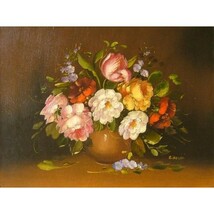 ヨーロッパ絵画 肉筆油絵 (額縁付きで納品対応可) サイズF6号 ロッシーニ作 「花瓶の花束」_画像1