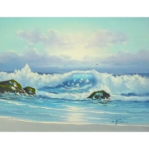 油彩画 洋画 肉筆油絵 F6号 「波 海 海景画」-243-特価-