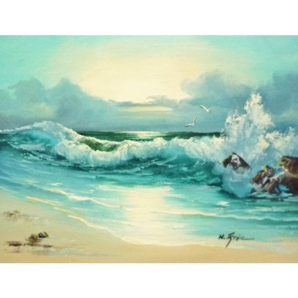 Oil painting, Western painting, hand-painted oil painting, F6 size, Waves, Sea, Seascape - 168 - Special price -, Painting, Oil painting, Nature, Landscape painting