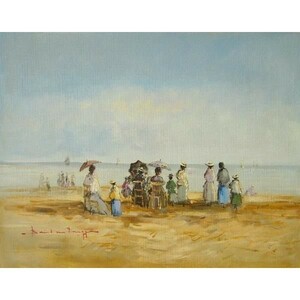ヨーロッパ絵画 肉筆油絵 (額縁付きで納品対応可) サイズF6号 ベルブラッギ作 「海辺」