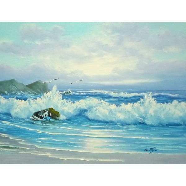 油彩画 洋画 肉筆油絵 F6号 ｢波 海 海景画｣-230-特価-, 絵画, 油彩, 自然, 風景画