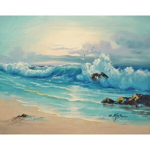 Art hand Auction 油彩画 洋画 肉筆油絵 F6号 ｢波 海 海景画｣-202-特価-, 絵画, 油彩, 自然, 風景画