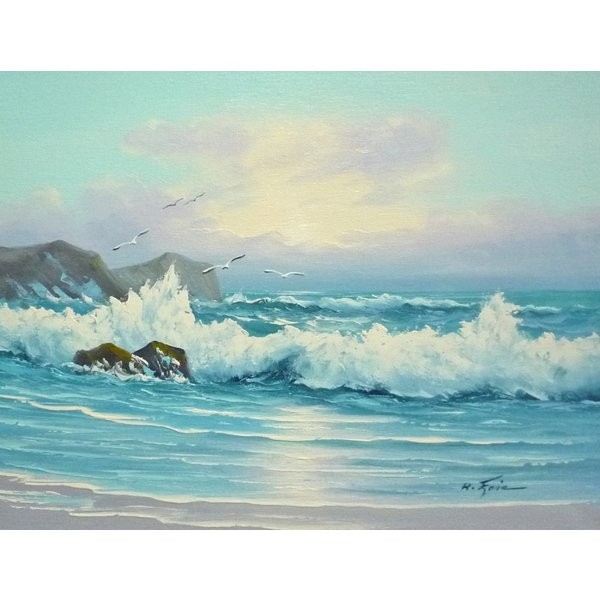 油彩画 洋画 肉筆油絵 F6号 ｢波 海 海景画｣-222-特価-, 絵画, 油彩, 自然, 風景画