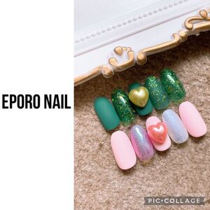 ネイルチップ ニュアンスネイル ハート マット ピンク グリーン 秋