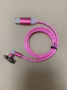 3in1 マグネットヘッド充電ケーブル LED流れるライト 長さ1m 4色ーレッド