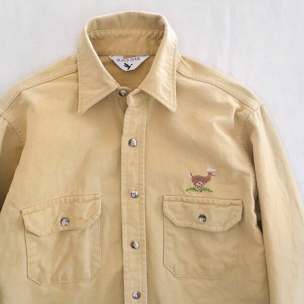 80年代　ヴィンテージ USA製　モールスキンシャツ　刺繍入　長袖シャツ　L程度 シャモアシャツ