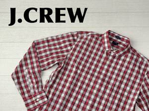 ☆送料無料☆ J.CREW ジェイクルー 古着 海外直輸入 長袖 チェック ワイドスプレッドカラー シャツ メンズ L レッド トップス 中古 即決